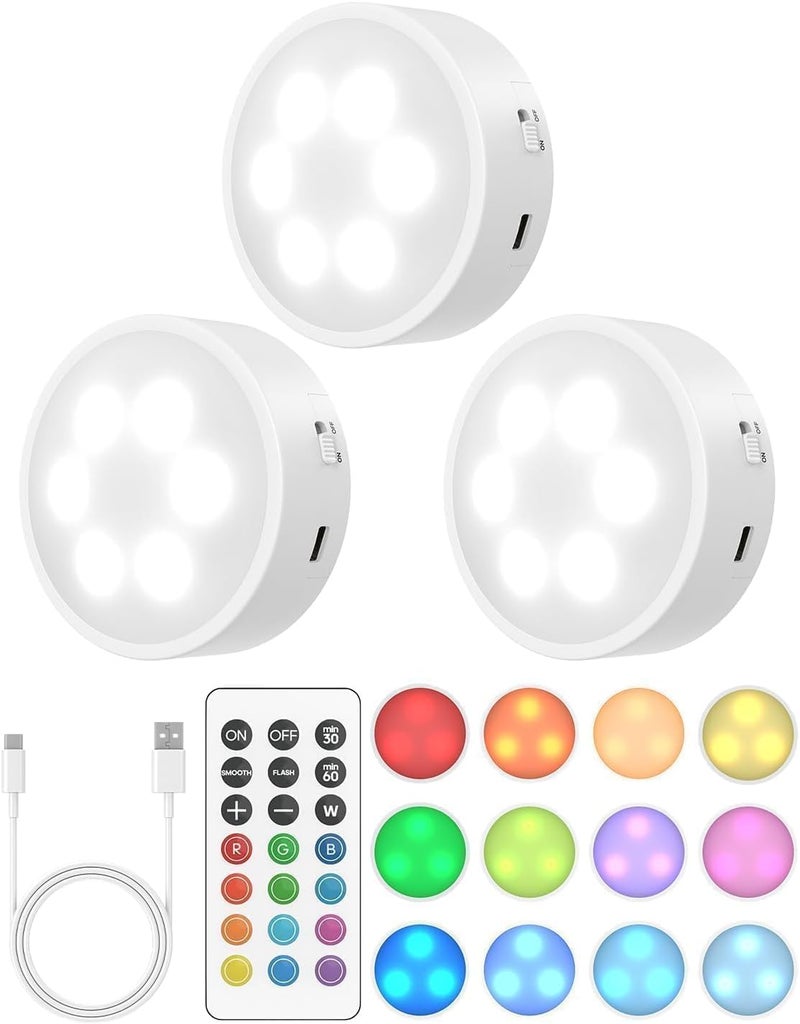 GOODEA Puck Lights with Remote, 13 RGB Colors LED Under Cabinet Lights, Rechargeable Baterry Operated Under Cabinet Lighting Tap Lights, Stick on Lights with Dimmer and Timer（3 Pack） - Image 1
